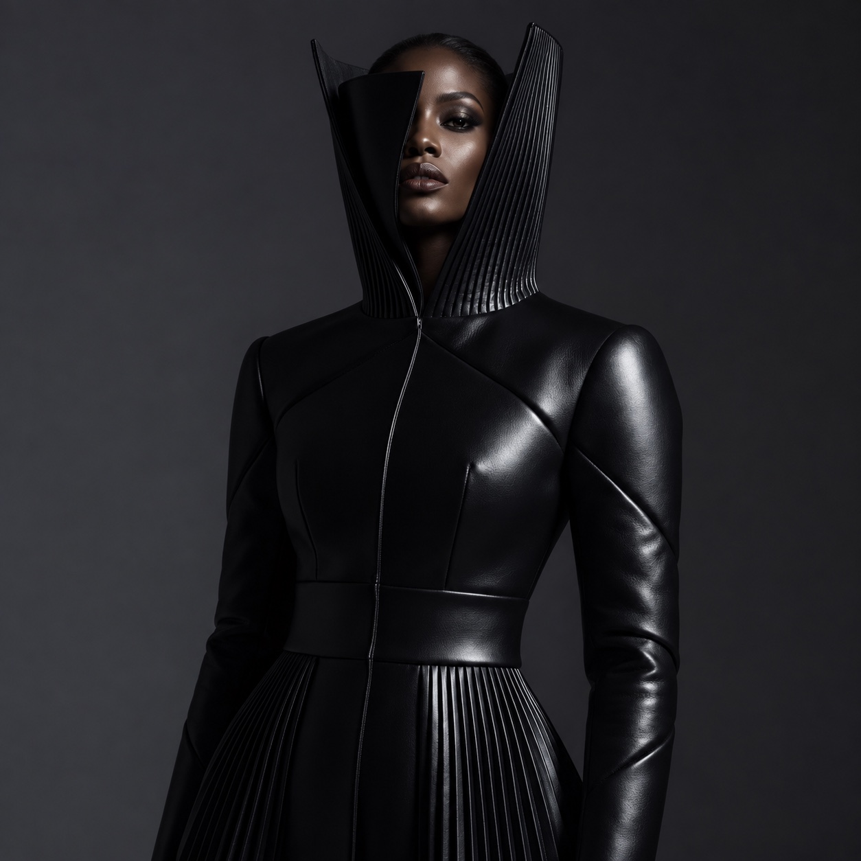 African woman wearing sculptural black tailoring